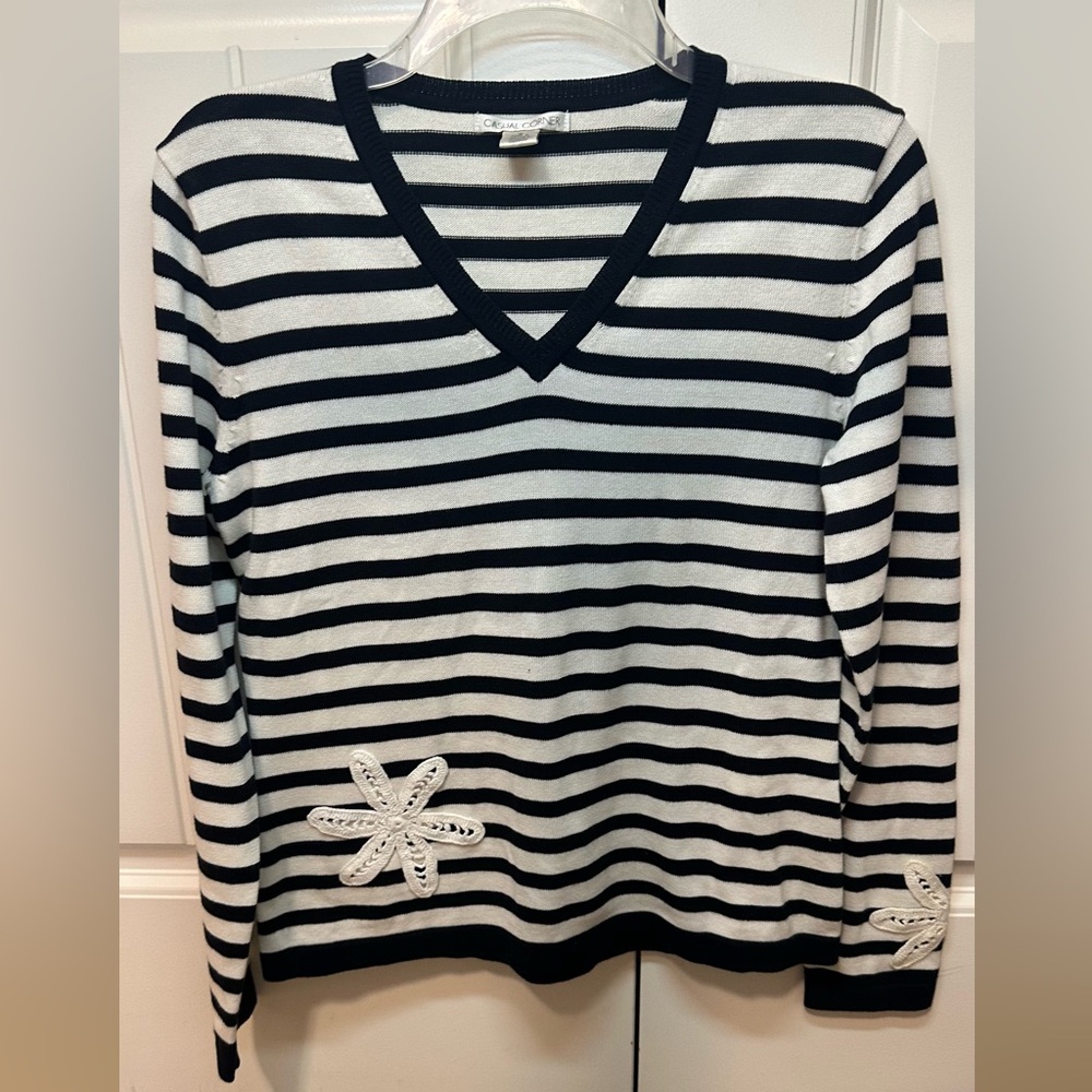 Casual Corner Women’s Black and White Striped V-neck Sweater- Size Medium